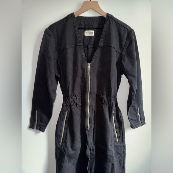 Etica Denim Jumpsuit Women Size XS Janai Moto Black Beauty Cotton Blend Zip-Up - Picture 3 of 8
